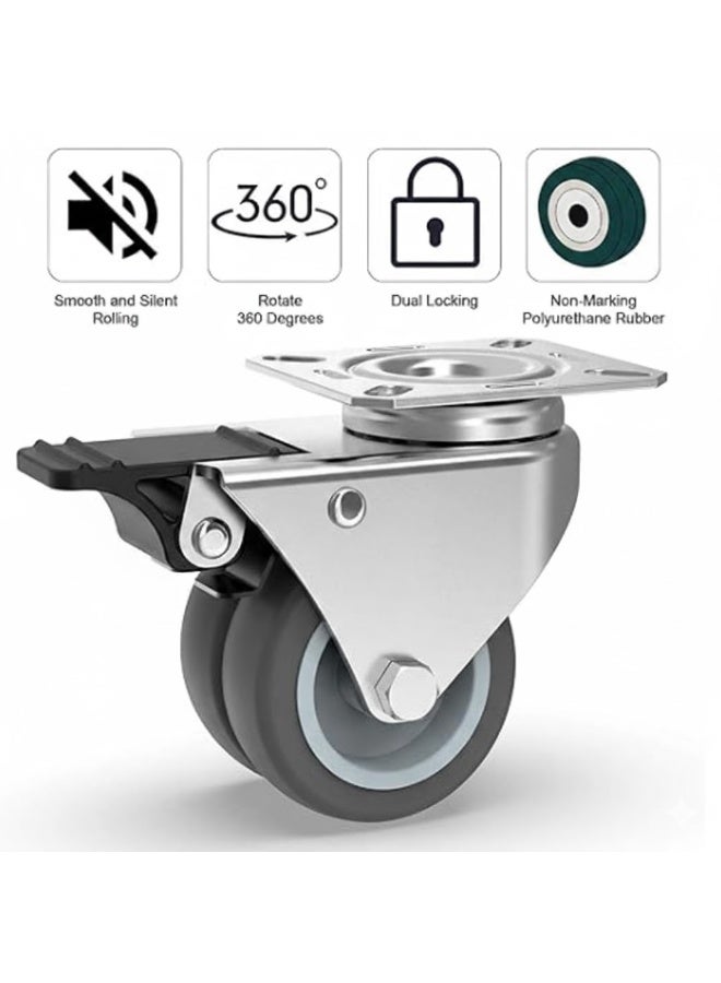 2" Heavy Duty Caster Wheels with 2 Brakes + Screws - up to 880Lbs - Set of 4 No Floor Marks Silent Castor for Furniture - Rubbered Trolley or Pallet Swivel Wheels - Silver Casters - Image 4
